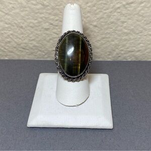 Vintage blue yellow tigers eye sterling silver ring size 9